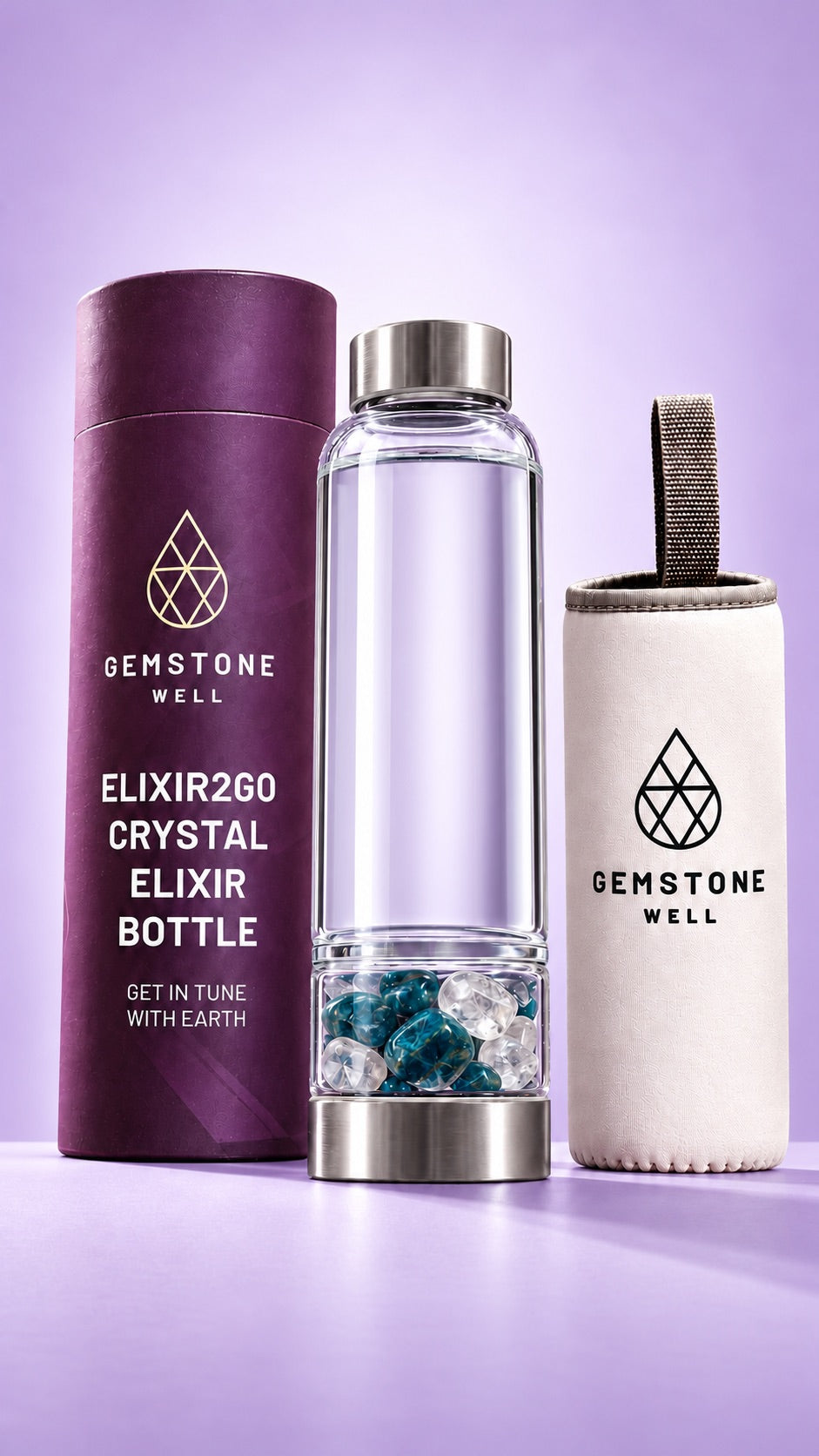 The Crystal Water Bottle Elixir Set: Elixir2Go bottle with Blue Apatite and Clear Quartz, its Gemstone Well gift tube and neoprene sleeve