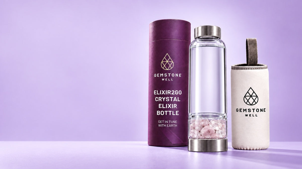 The Elixir Set: plum gift tube, Elixir2Go bottle with Rose Quartz and Clear Quartz, and protective sleeve