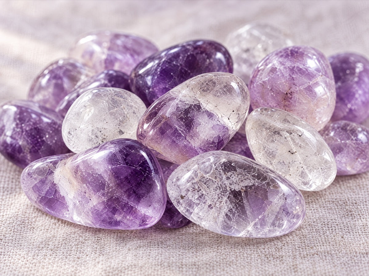 Tumbled Amethyst and Clear Quartz up close, showing polish and natural inclusions