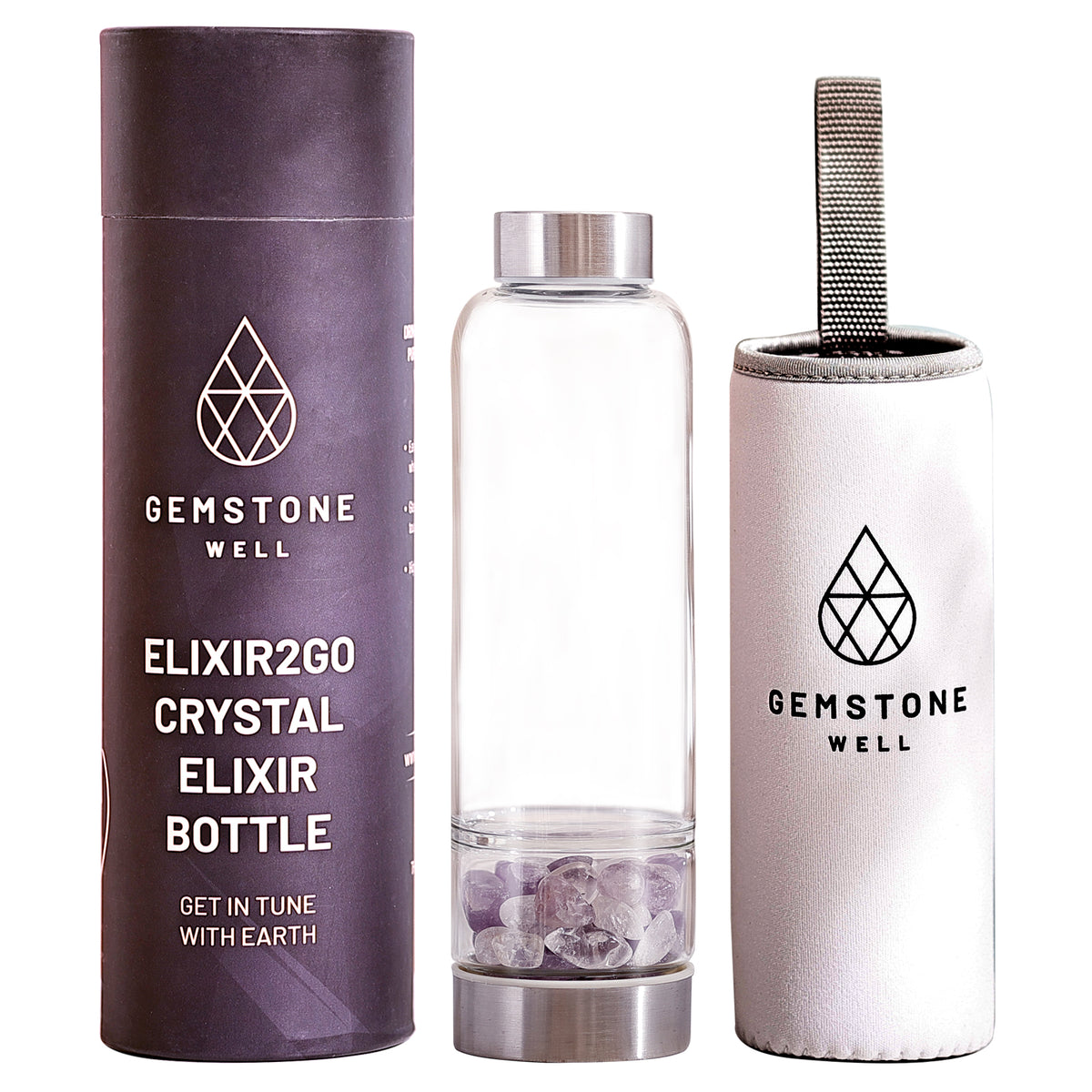 Gemstone Well Elixir2Go Crystal Elixir Bottle with amethyst and clear quartz crystals, gift tube and white neoprene sleeve