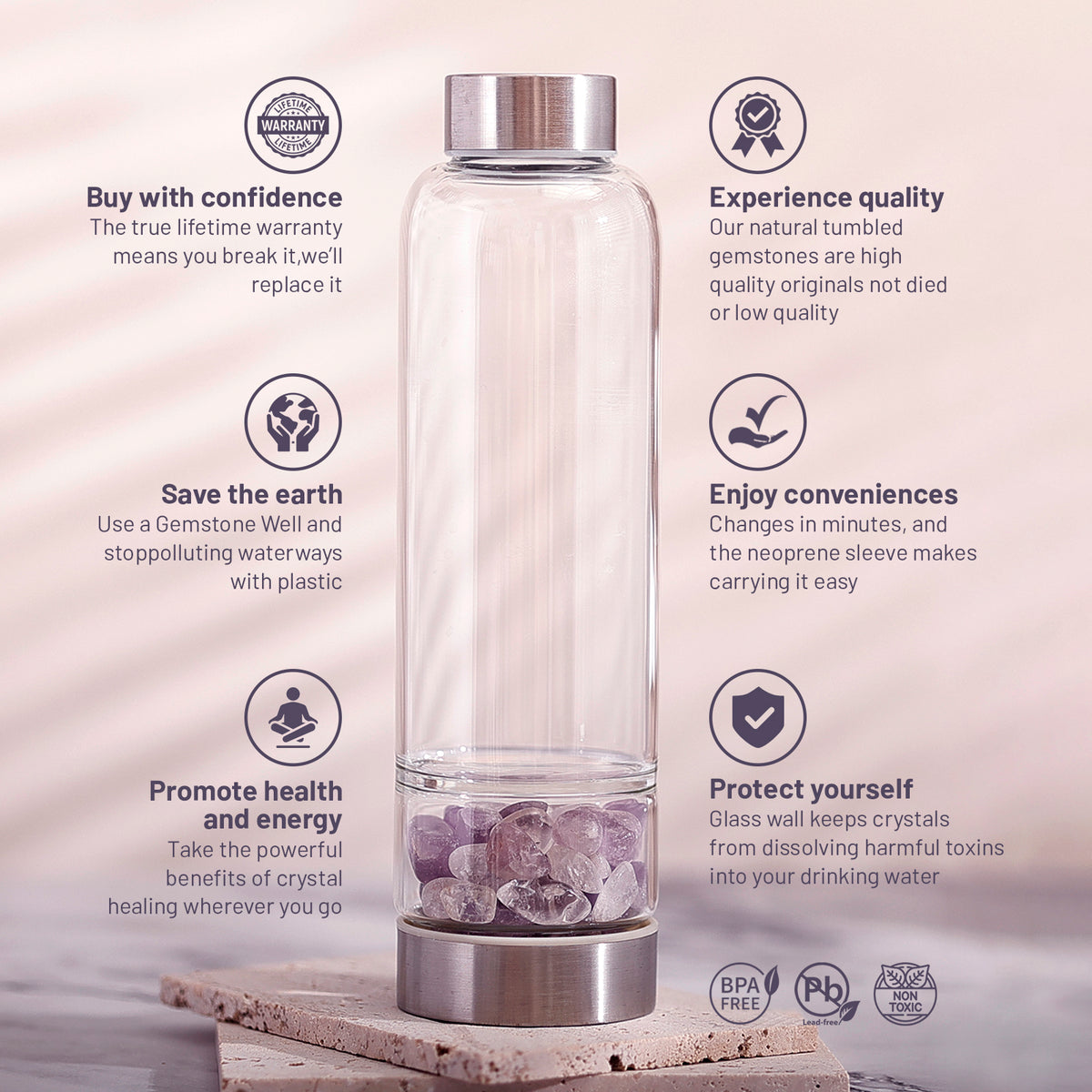 Elixir2Go bottle on a stone tray with icons for lifetime warranty, quality gemstones, plastic-free, neoprene sleeve and BPA-free