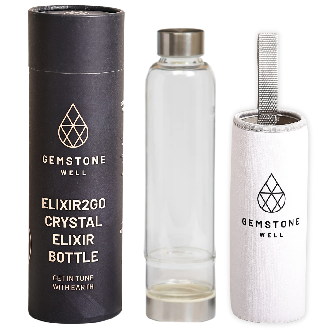 Empty Gemstone Well Elixir2Go glass bottle without gemstones, with gift tube and white neoprene sleeve