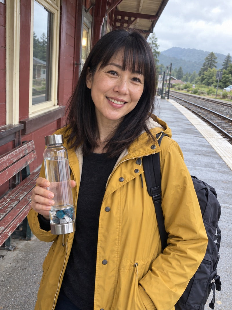 Customer holding the Elixir2Go crystal water bottle