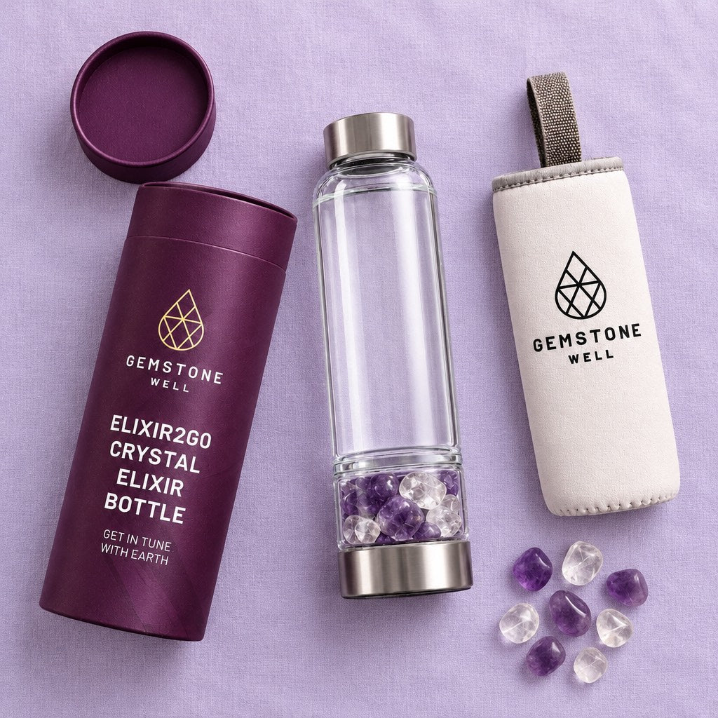 The Elixir Set unboxed: plum gift tube and lid, Elixir2Go bottle with Amethyst and Clear Quartz, protective sleeve and loose stones