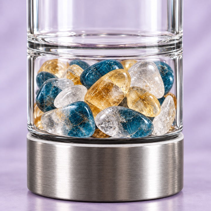 Citrine, Blue Apatite and Clear Quartz inside the lower gem chamber