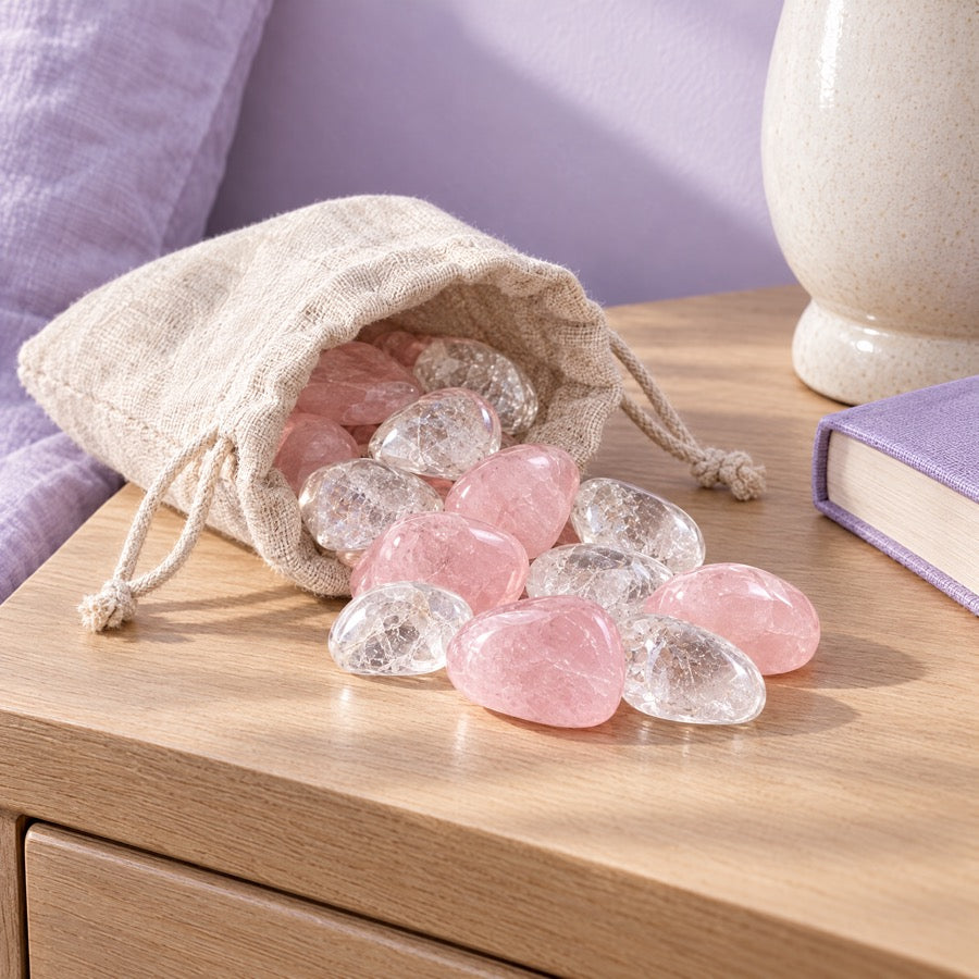 Tumbled Rose Quartz and Clear Quartz spilling from a linen pouch