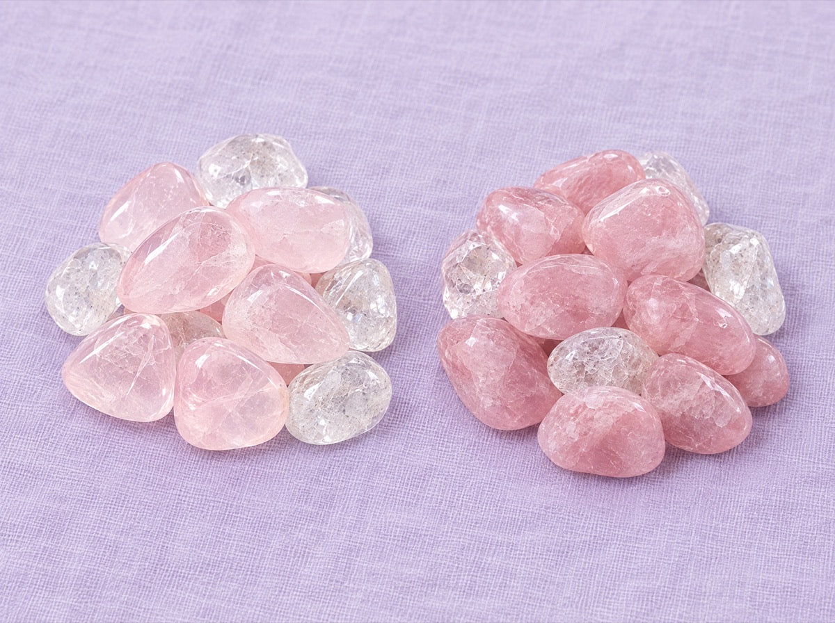 Two sets of Rose Quartz side by side, one pale blush and one deeper rose, showing natural color variation