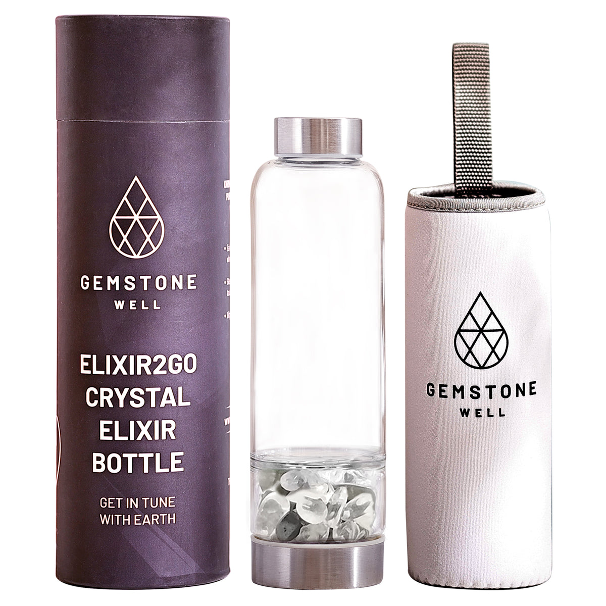 Gemstone Well Elixir2Go Crystal Elixir Bottle with hematite and clear quartz crystals, gift tube and white neoprene sleeve
