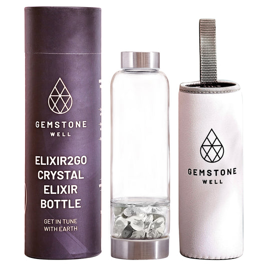Gemstone Well Elixir2Go Crystal Elixir Bottle with hematite and clear quartz crystals, gift tube and white neoprene sleeve