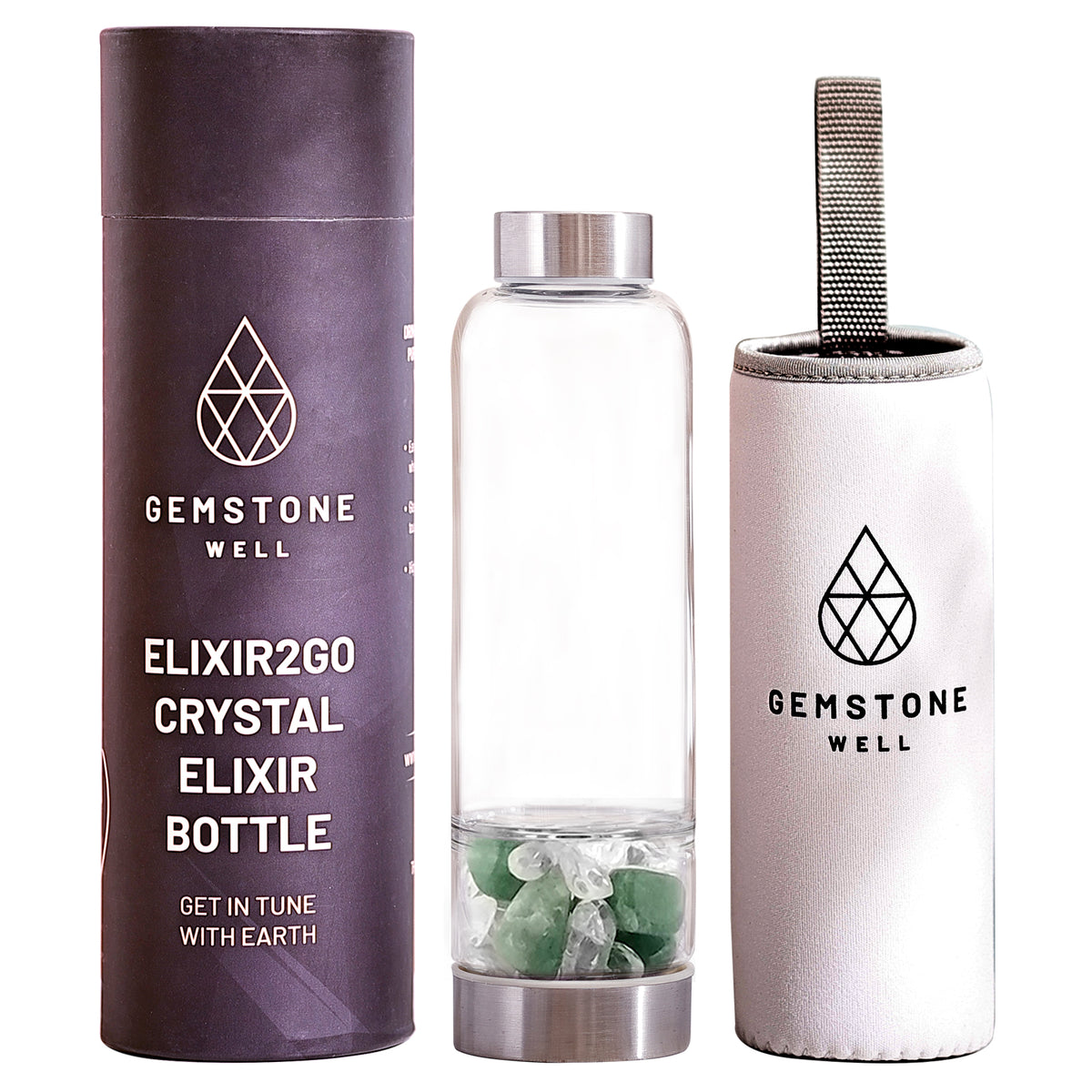 Gemstone Well Elixir2Go Crystal Elixir Bottle with green beryl and clear quartz crystals, gift tube and white neoprene sleeve