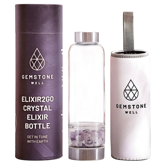 Gemstone Well Elixir2Go Crystal Elixir Bottle with amethyst and clear quartz crystals, gift tube and white neoprene sleeve