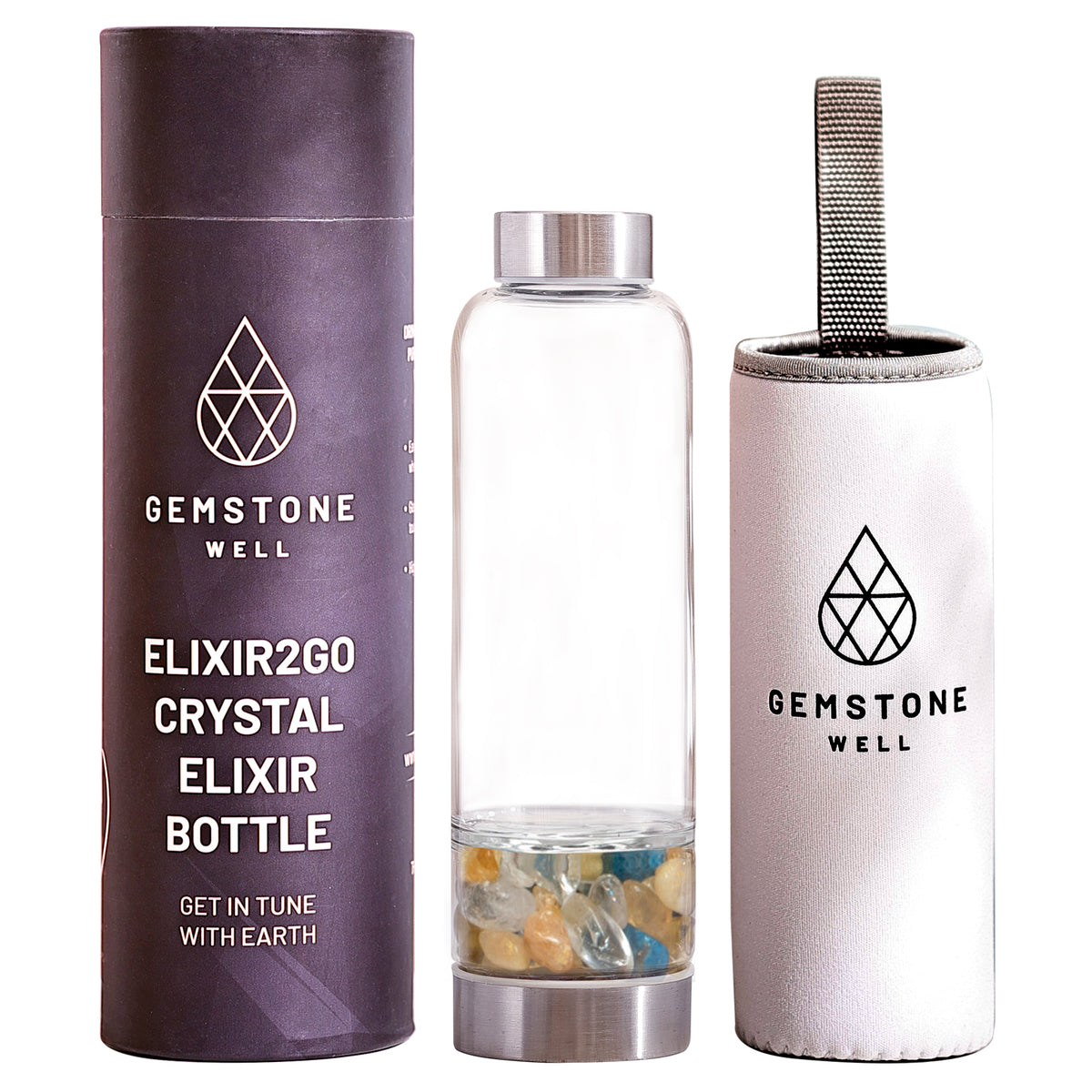 Gemstone Well Elixir2Go Crystal Elixir Bottle with citrine, blue apatite and clear quartz crystals, gift tube and white neoprene sleeve