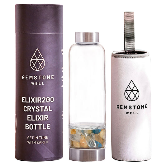 Gemstone Well Elixir2Go Crystal Elixir Bottle with citrine, blue apatite and clear quartz crystals, gift tube and white neoprene sleeve