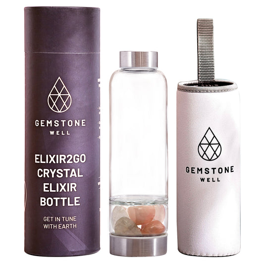 Gemstone Well Elixir2Go Crystal Elixir Bottle with rose quartz and clear quartz crystals, gift tube and white neoprene sleeve