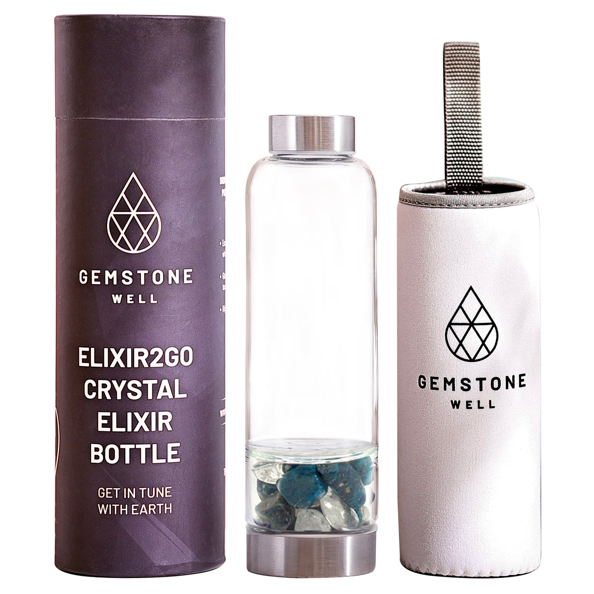 Gemstone Well Elixir2Go Crystal Elixir Bottle with blue apatite and clear quartz crystals, gift tube and white neoprene sleeve
