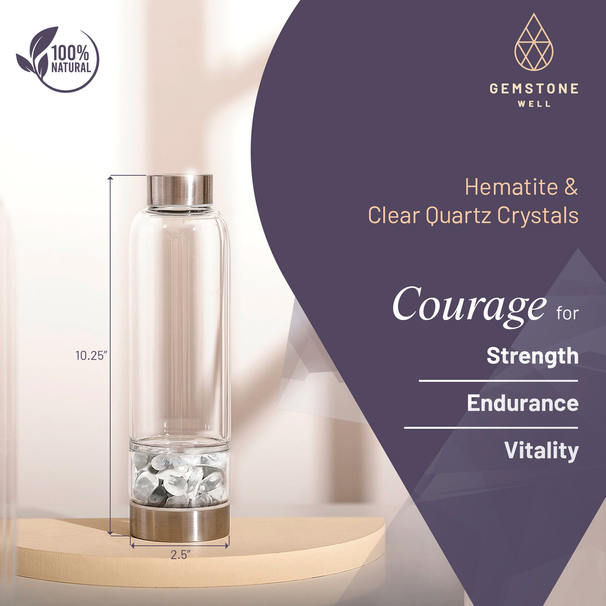 Elixir2Go bottle with hematite and clear quartz crystals, labelled Courage for strength, endurance and vitality