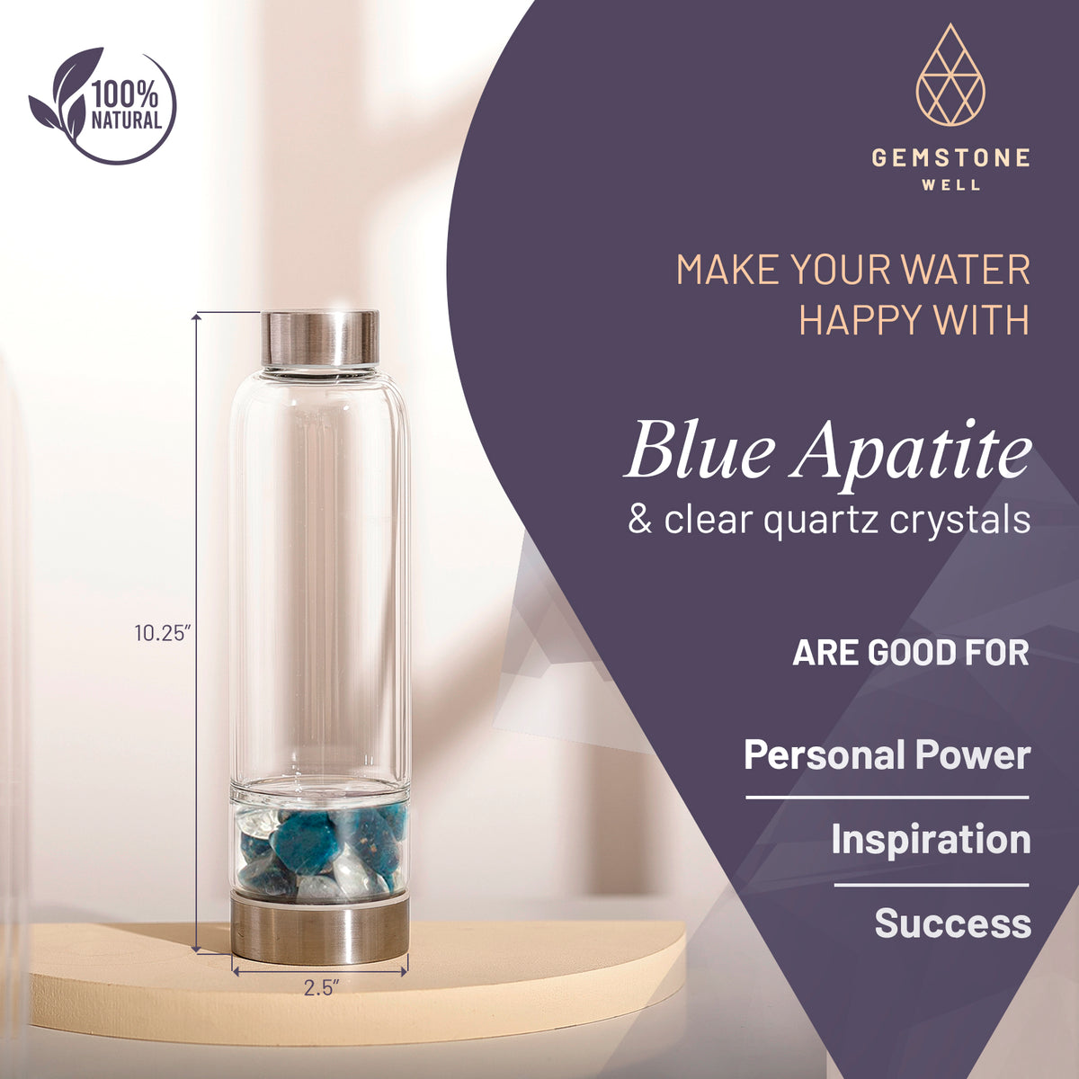 Elixir2Go bottle with blue apatite and clear quartz crystals for personal power, inspiration and success