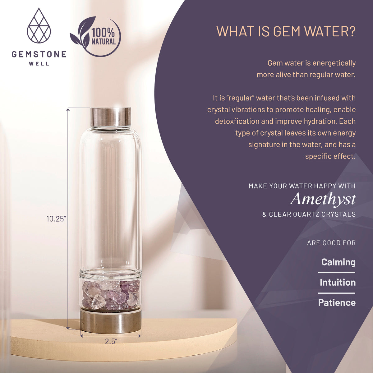 What is gem water: Elixir2Go bottle with amethyst and clear quartz crystals for calming, intuition and patience