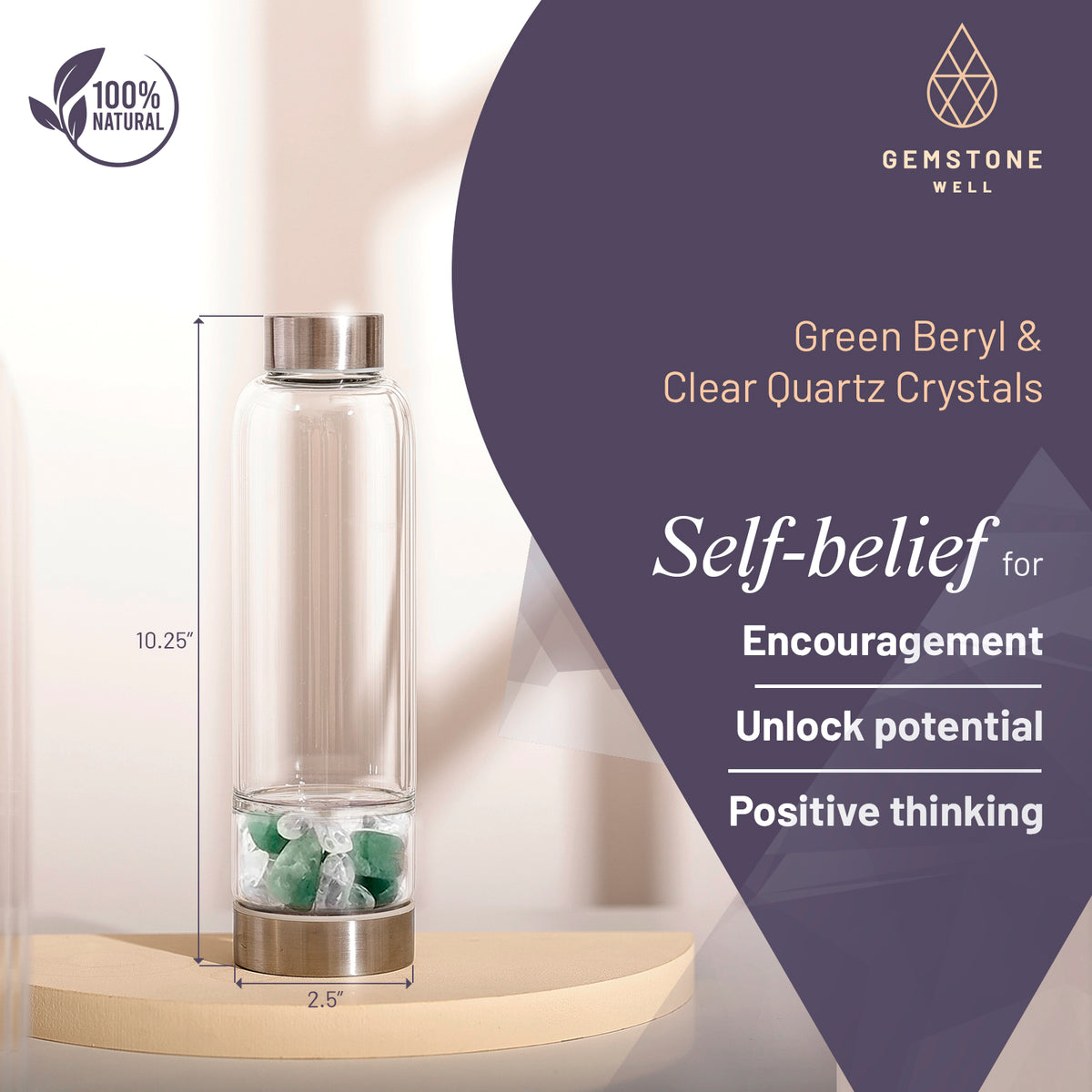 Elixir2Go bottle with green beryl and clear quartz crystals, labelled Self-belief for encouragement and positive thinking
