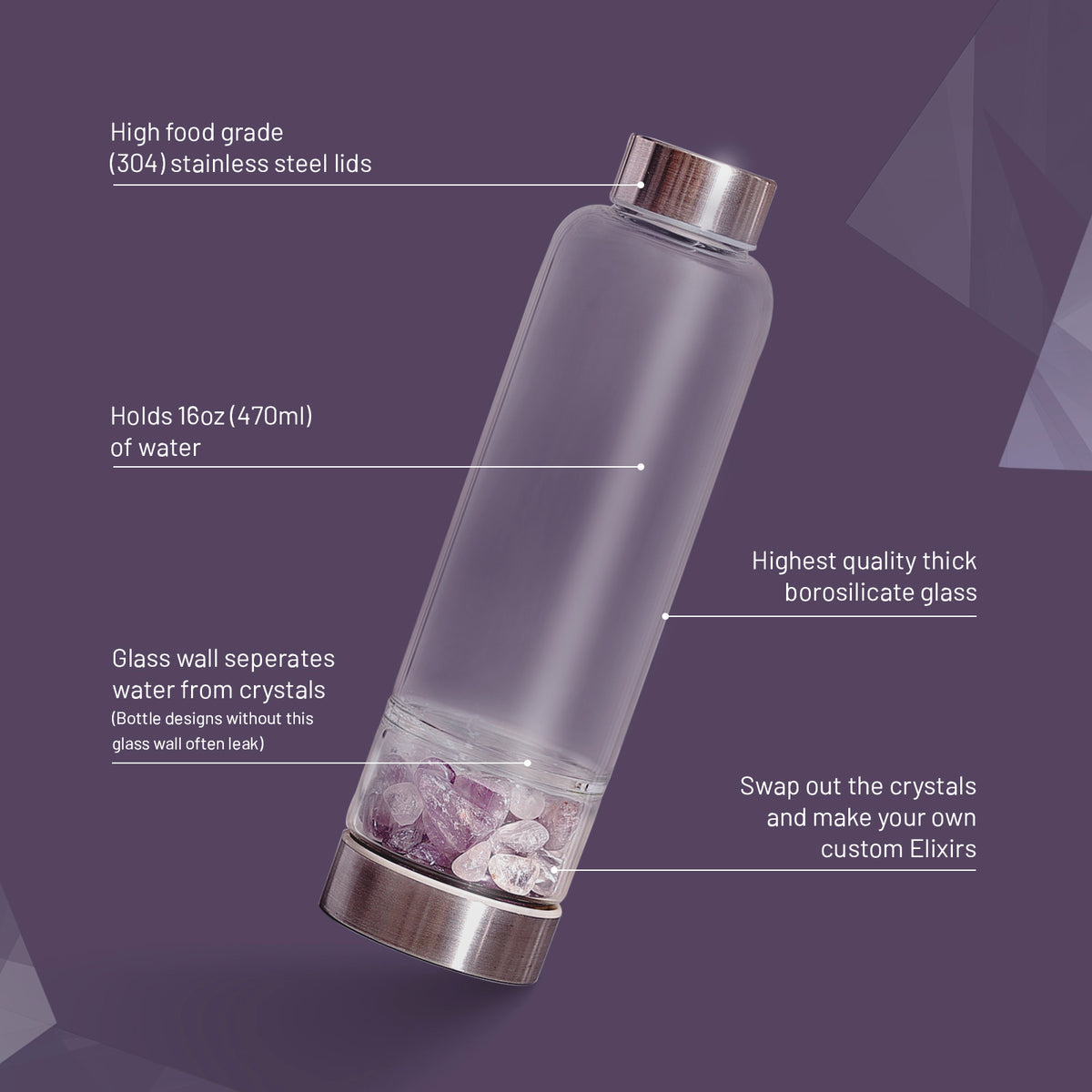 Elixir2Go bottle features: 304 stainless steel lid, holds 16 oz (470 ml), borosilicate glass, crystals sealed below the water