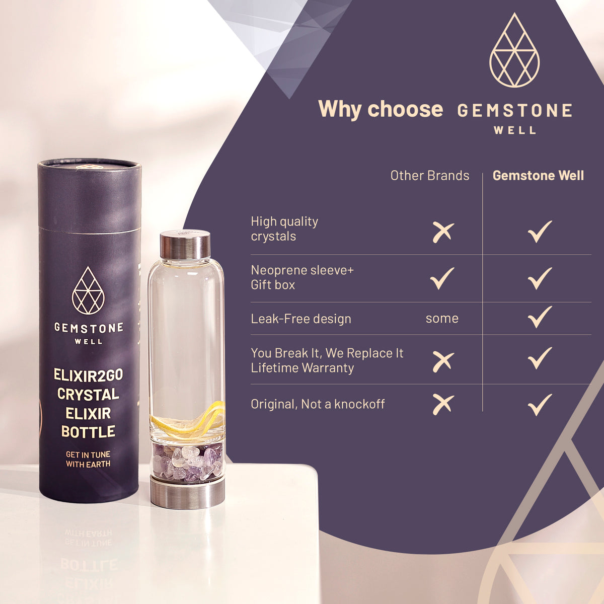 Why choose Gemstone Well: comparison table against other brands on crystals, sleeve and gift box, leak-free design and lifetime warranty