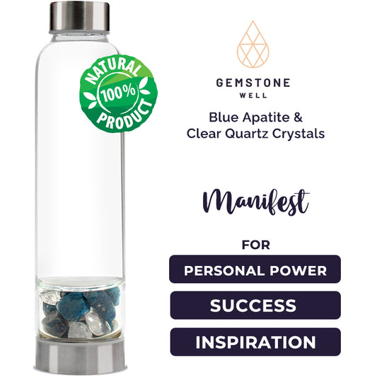 Elixir2Go bottle with blue apatite and clear quartz crystals, labelled Manifest for personal power, success and inspiration