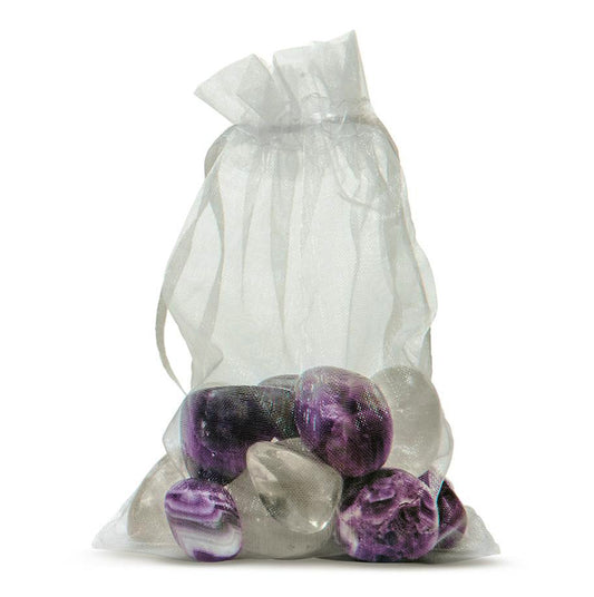 Organza bag of tumbled amethyst and clear quartz gemstones for the Elixir2Go bottle